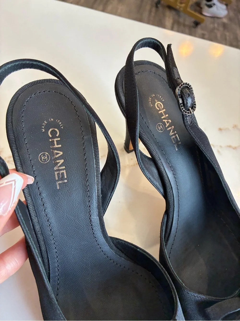 CHANEL Black Satin Slingback Pumps with Bow Accent